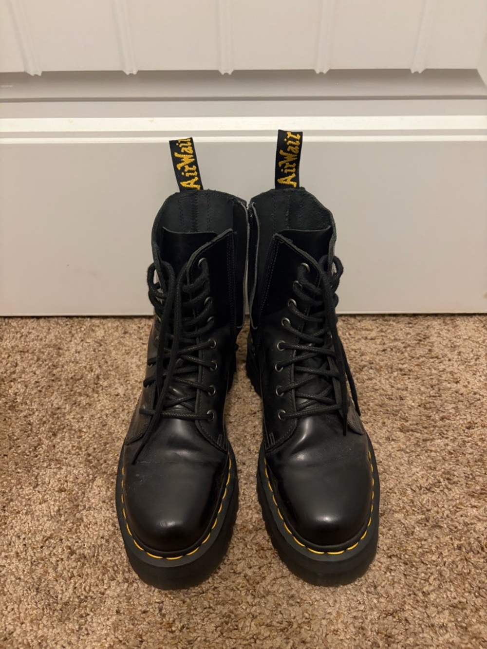 Dr. Martens Black Leather Platform Lace-Up Boots with Yellow Stitching